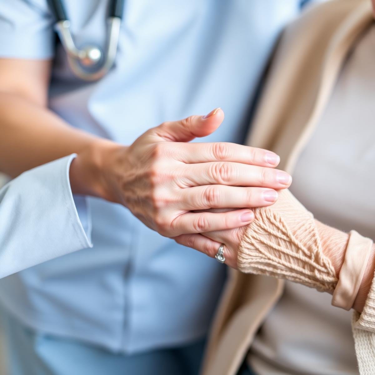 Caregiver holding a client's hands with compassion